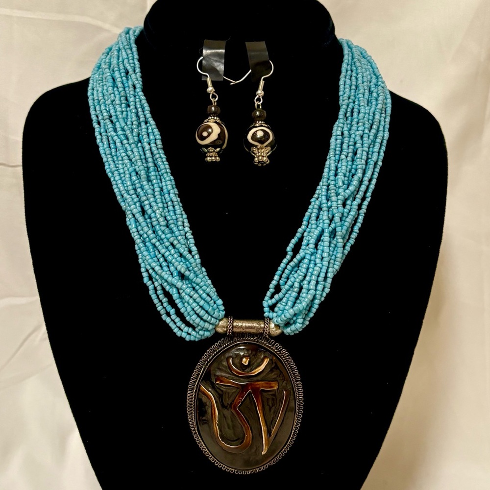 Seed  Beaded Om Pendant Necklace and Earring Set